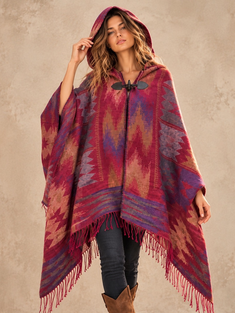 Boho Southwestern Hooded Poncho Cape Fringe Berry Purple One Size